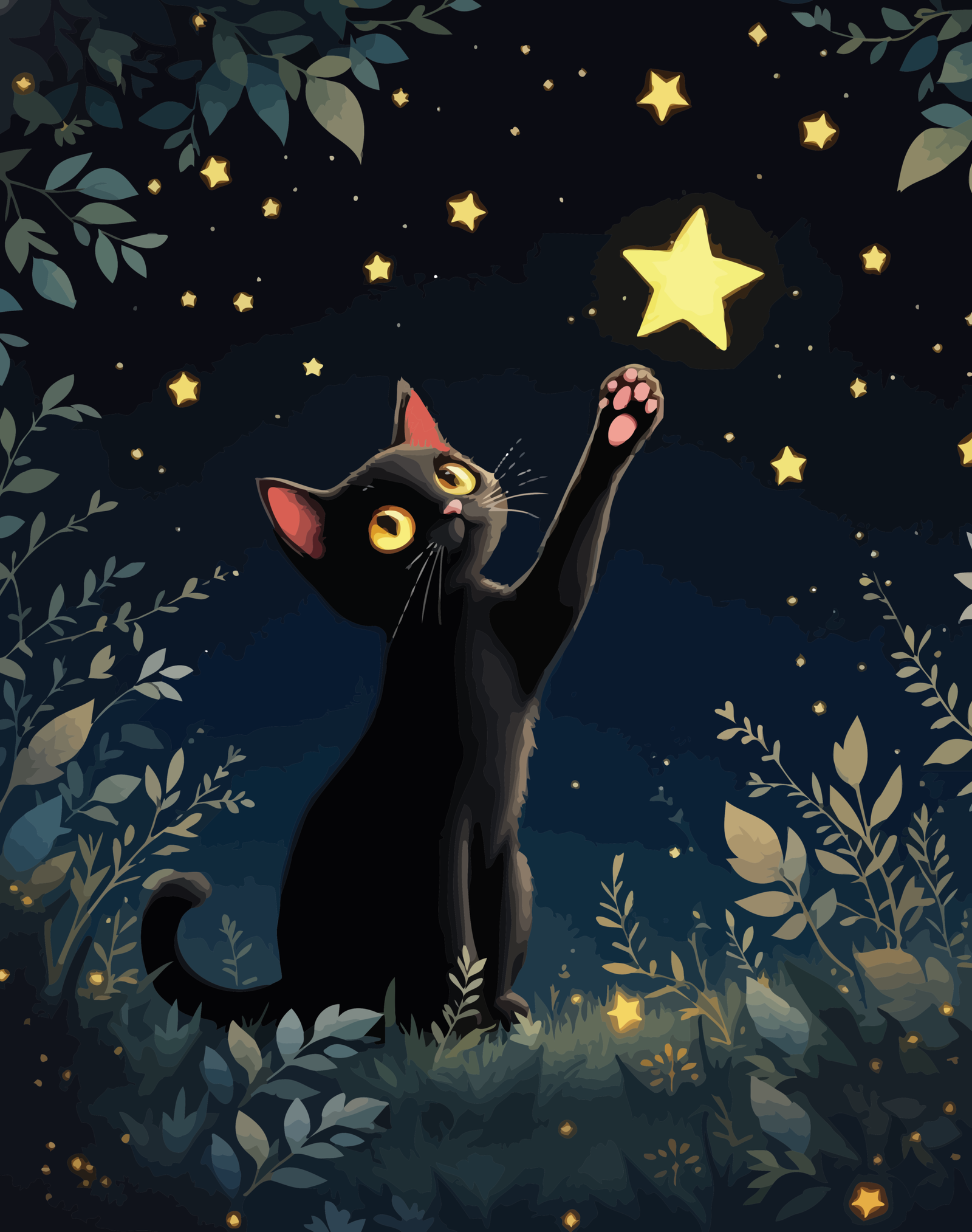 Black cat reaching for glowing stars wall canvas art