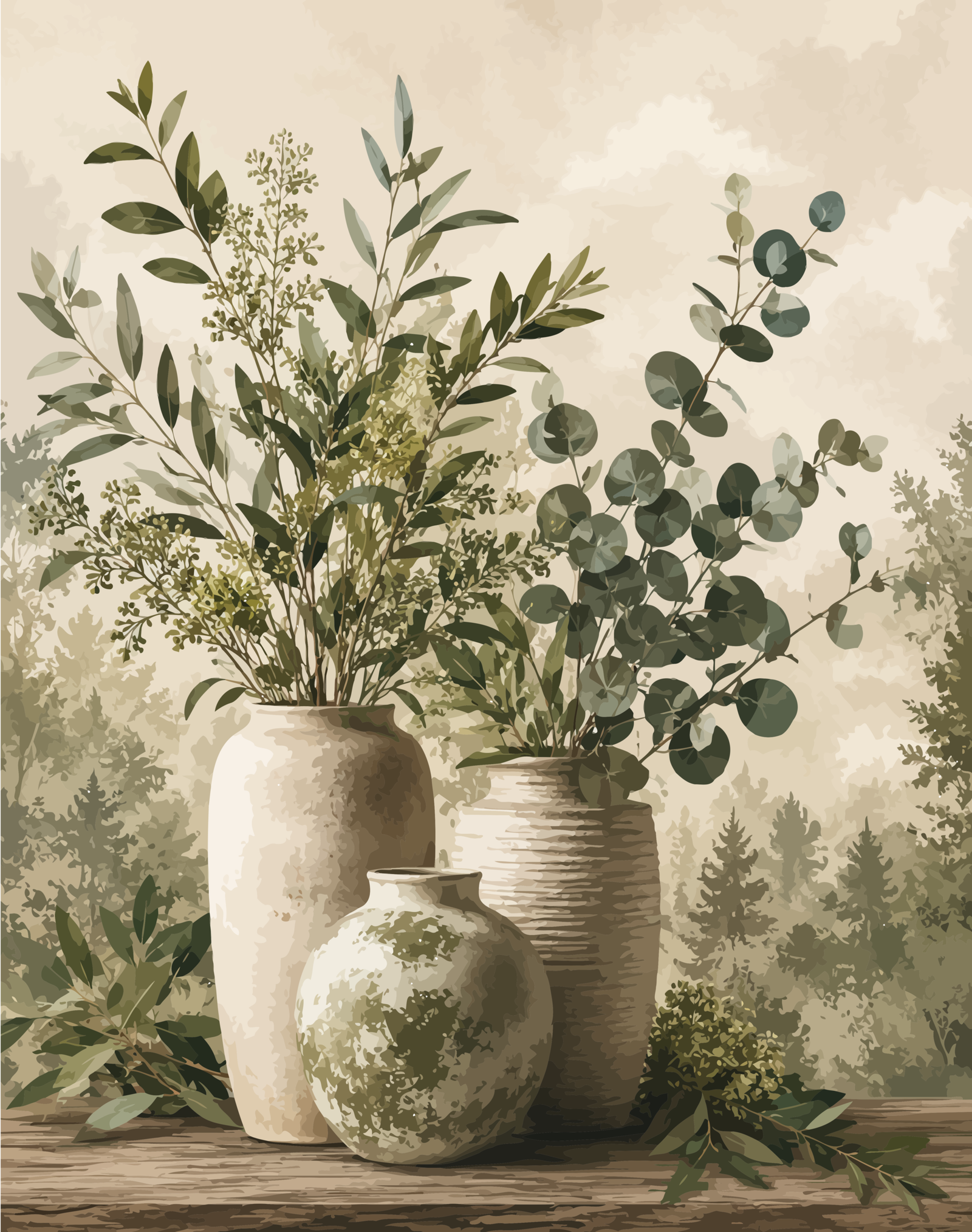 Botanical wall art canvas featuring neutral ceramic vases with sage green foliage in a modern boho farmhouse style.