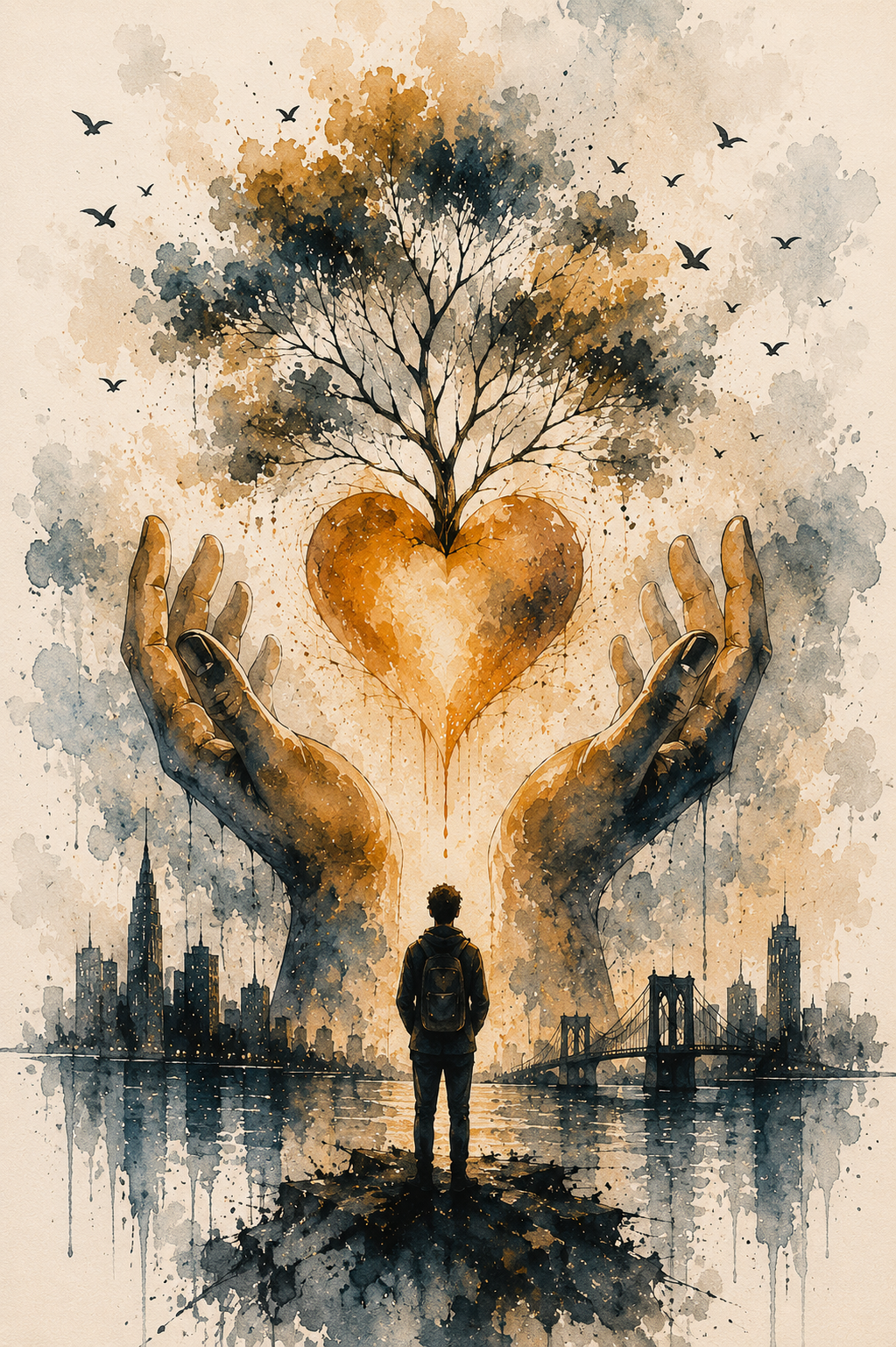 Symbolic watercolor artwork of a heart-shaped tree held by caring hands above a city, representing hope, love, and personal growth.