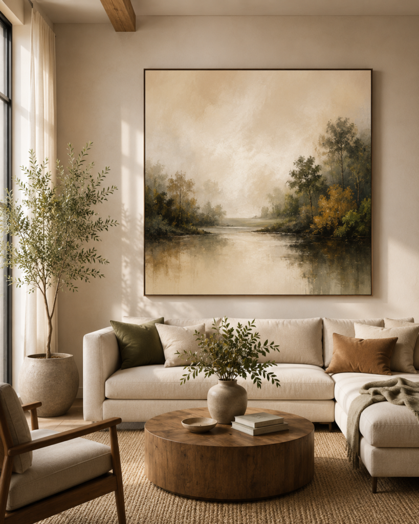 Large landscape canvas artwork displayed above a modern living room sofa with warm neutral interior design.