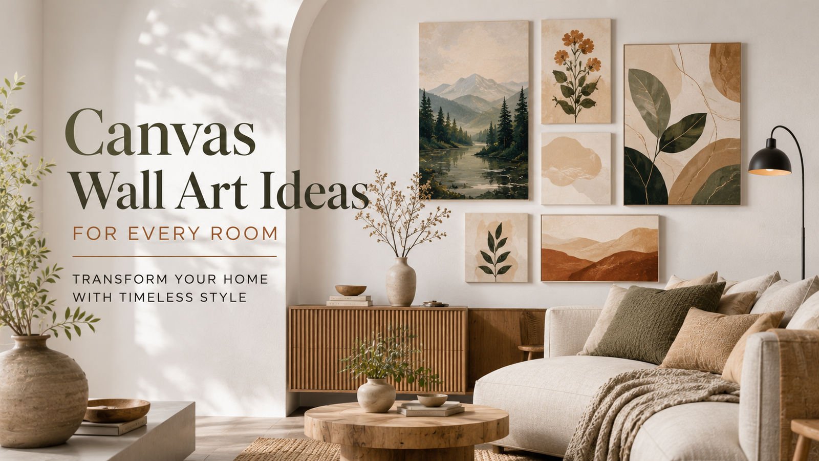 Modern living room featuring a stylish gallery wall with canvas wall art ideas in warm neutral tones.