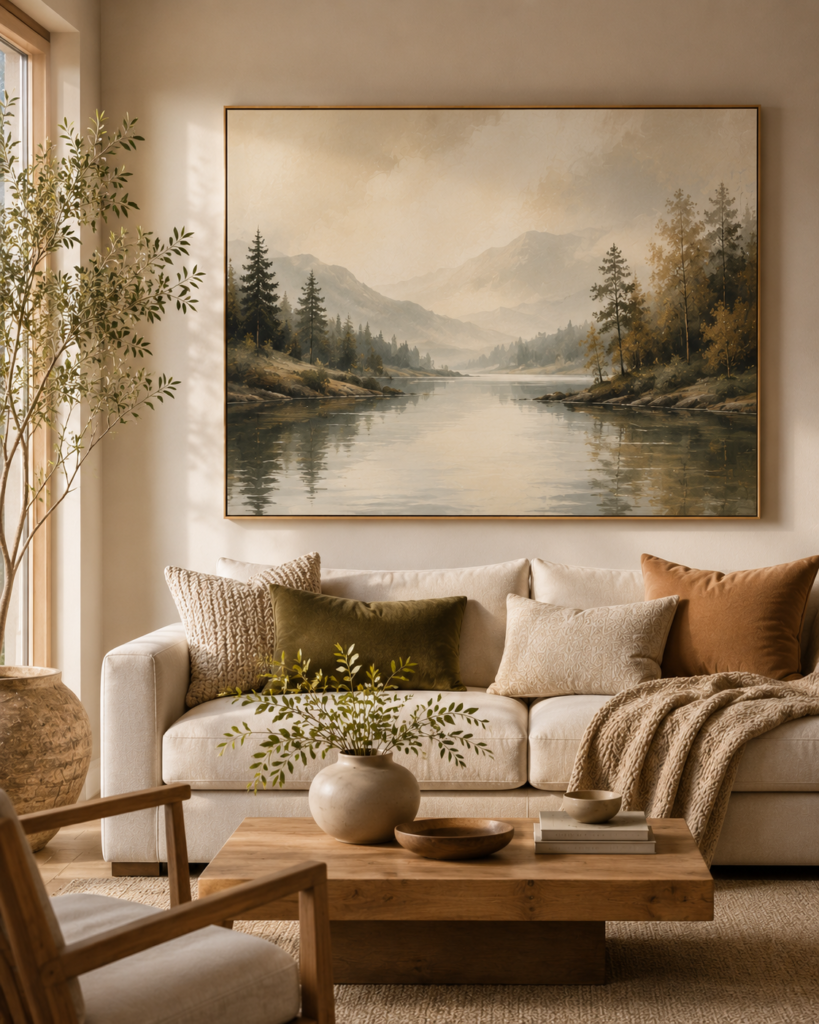 Modern living room featuring a large landscape canvas wall art above a neutral sofa with warm contemporary interior design.