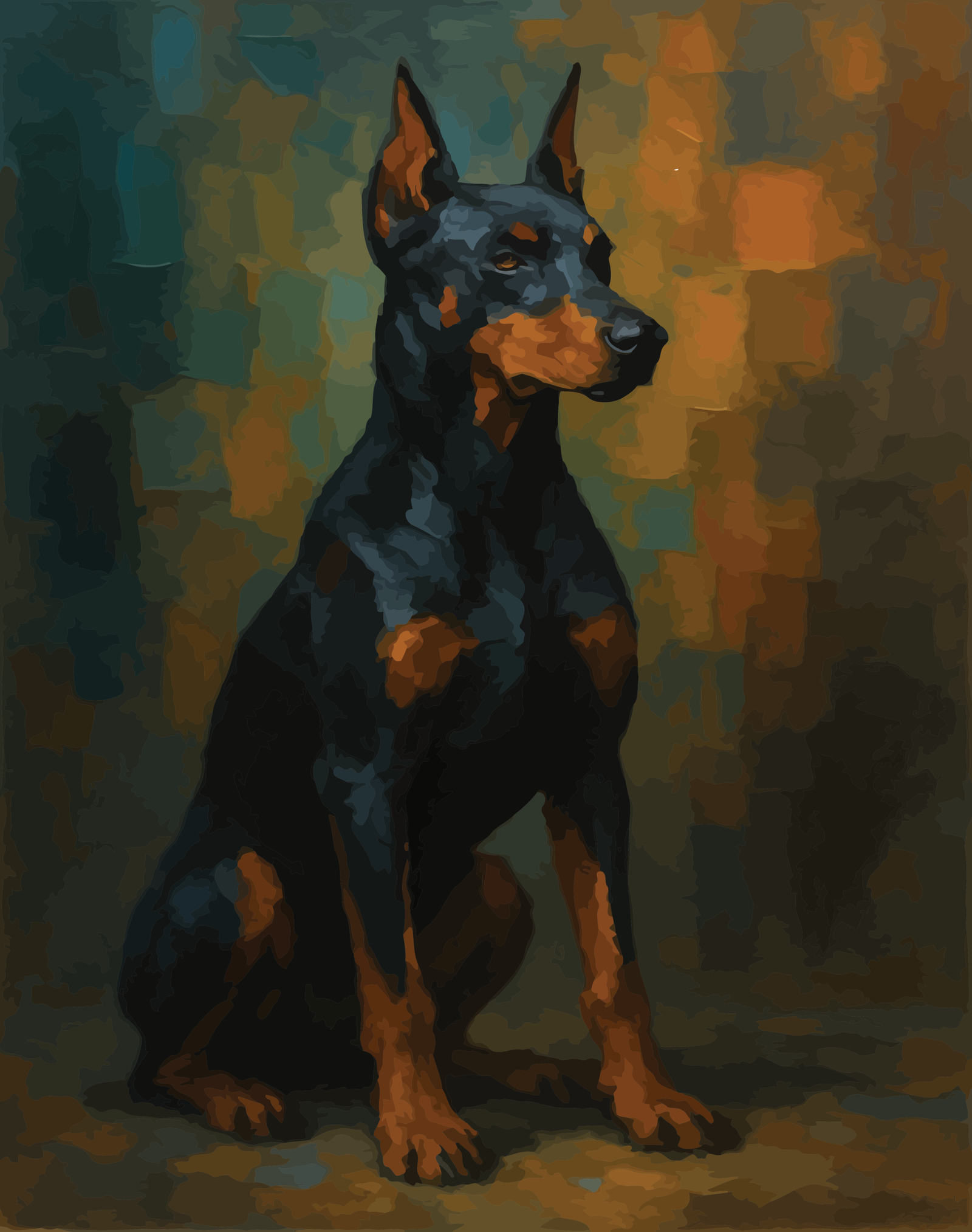 Doberman Pinscher dog portrait wall canvas art in dark earthy tones