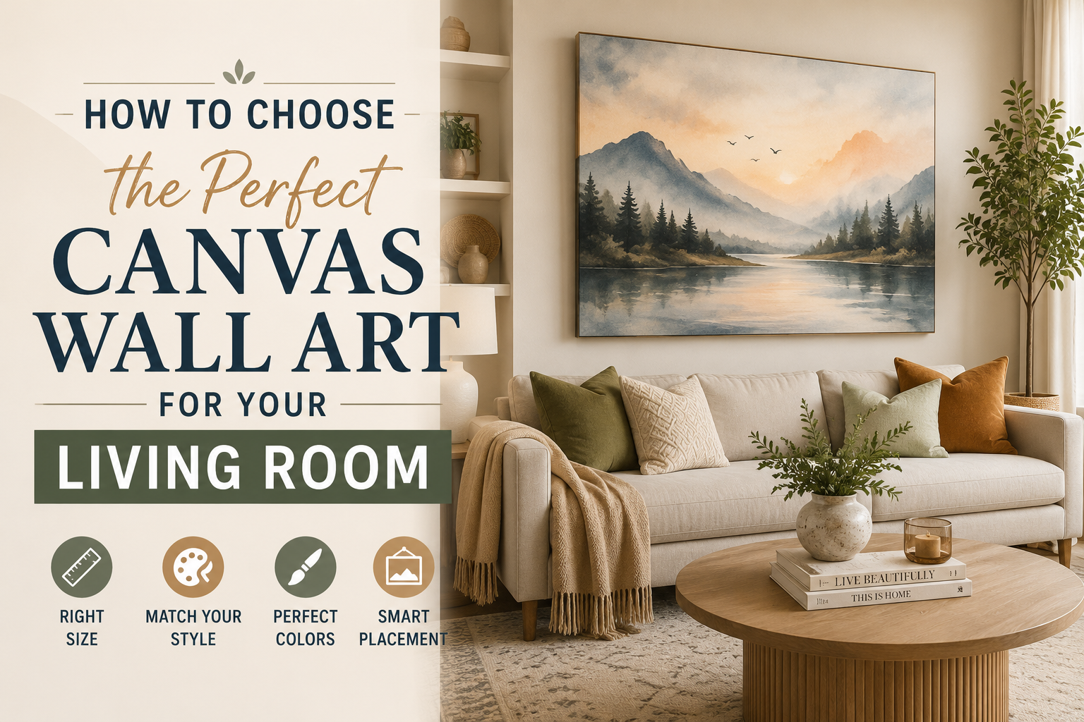 Modern living room featuring a large neutral canvas wall art above a comfortable sofa with contemporary home décor.