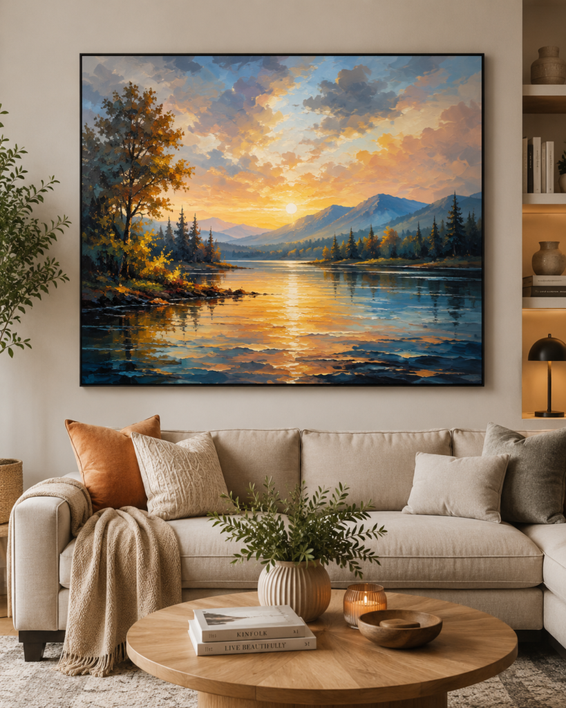 Large colorful landscape canvas wall art displayed above a modern living room sofa with warm neutral décor and natural lighting.