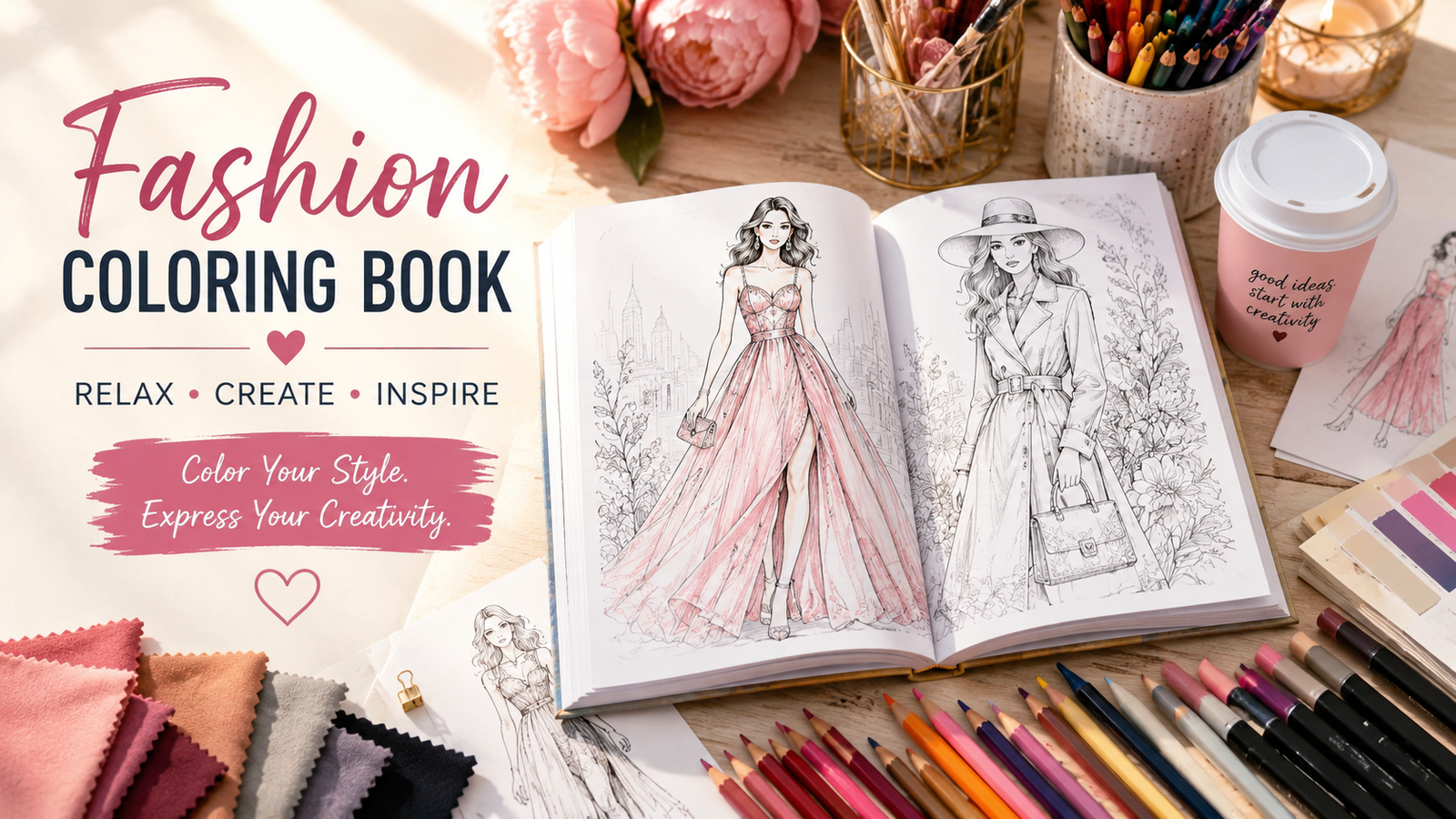 Beautiful finished fashion coloring pages displayed with colorful art supplies.