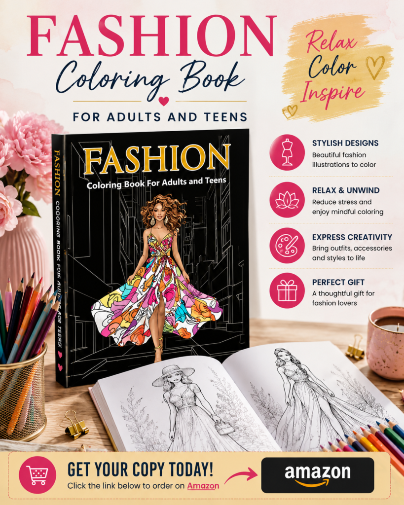 Fashion Coloring Book for adults and teens displayed with coloring pencils, fashion illustration pages, and an Amazon purchase call-to-action.