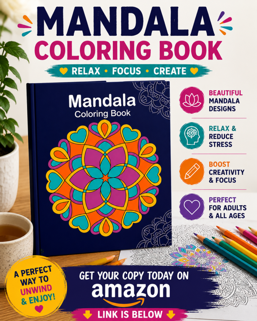 Promotional image featuring a colorful Mandala Coloring Book with colored pencils, a partially colored mandala page, and an invitation to purchase the book on Amazon.