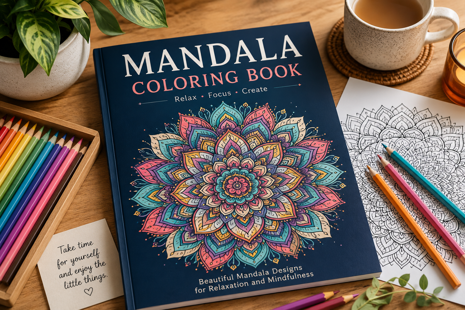 Mandala coloring book surrounded by colored pencils, a relaxing cup of tea, and a partially colored mandala page on a wooden desk.