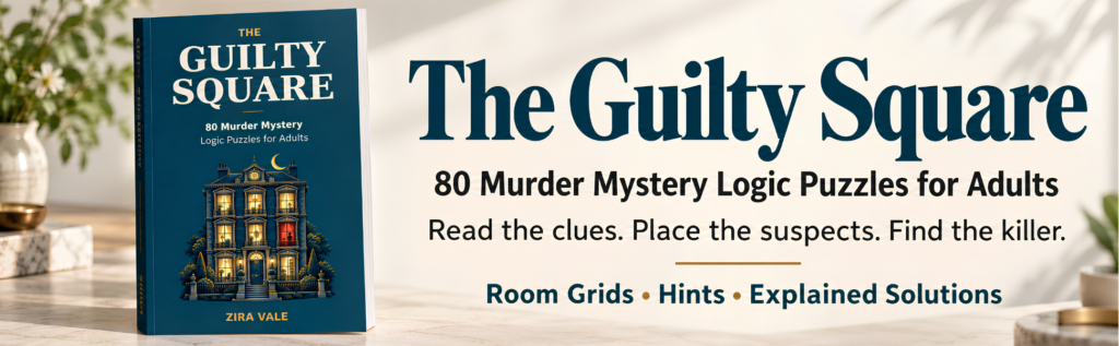 The Guilty Square puzzle preview showing a room map, suspect list, and alibis