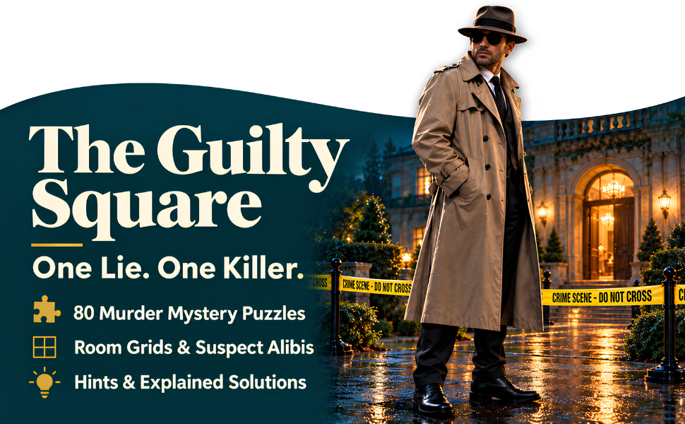 Detective-themed banner for The Guilty Square murder mystery puzzle book