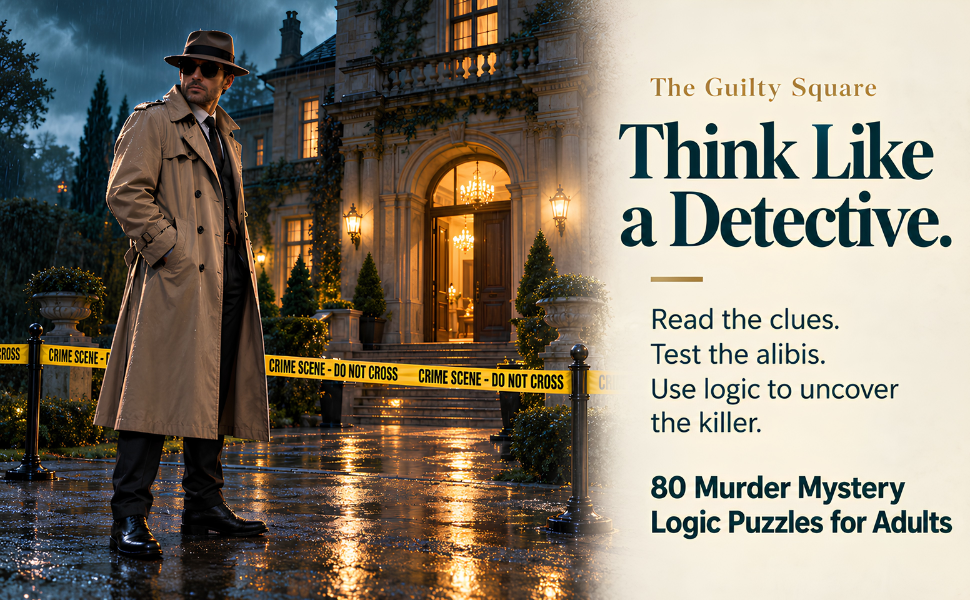 The Guilty Square banner highlighting room-grid deduction and suspect alibis