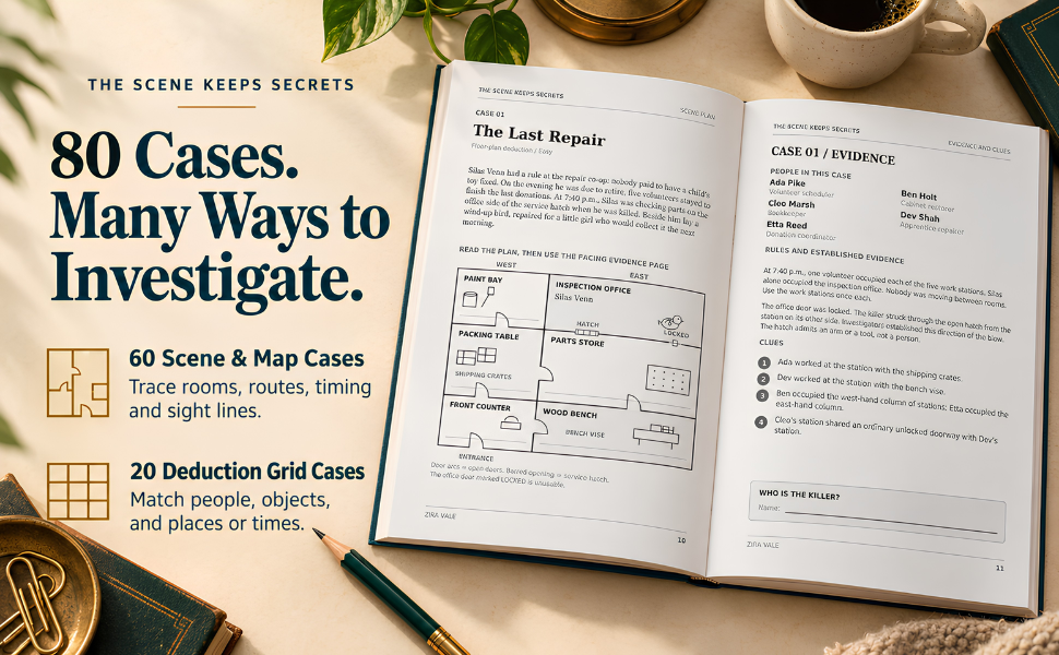 Interior scene plan and evidence pages from a murder mystery logic puzzle book