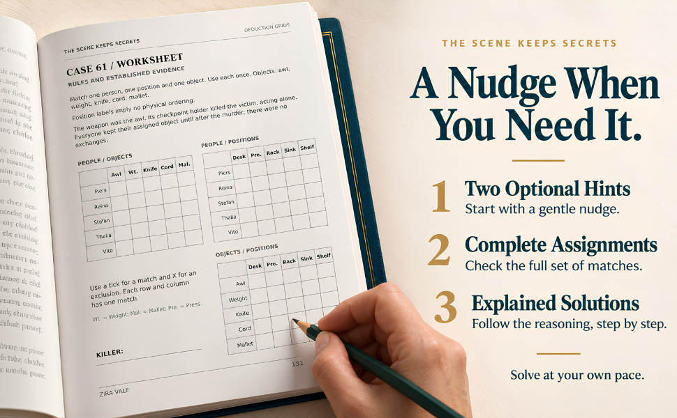 Logic grid worksheet from The Scene Keeps Secrets puzzle book