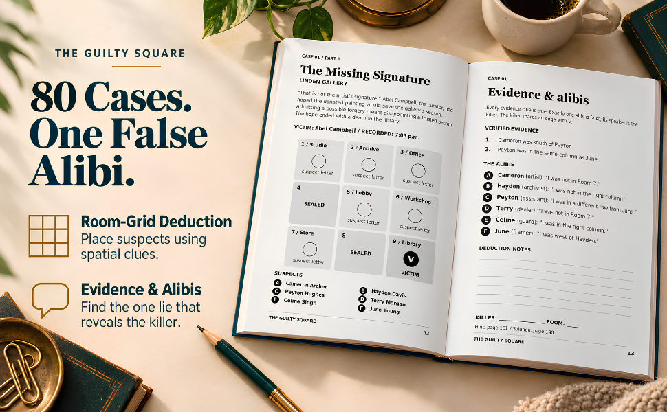 The Guilty Square interior preview with a room grid and deduction notes