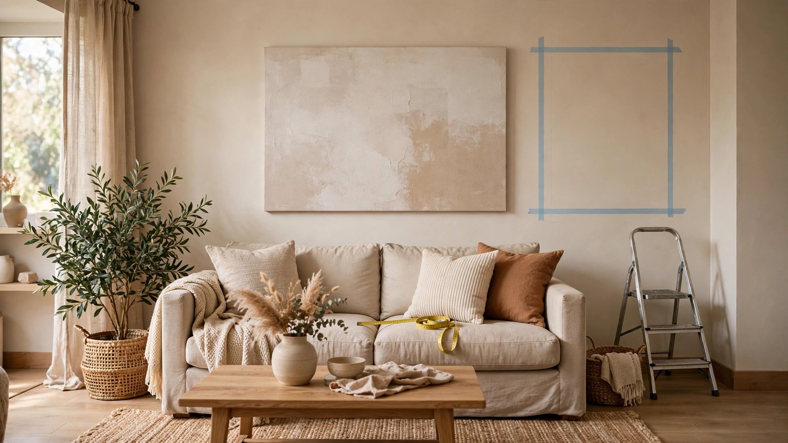 canvas-print-sizes-explained Large canvas print hanging above a sofa in a living room - canvas print sizes explained
