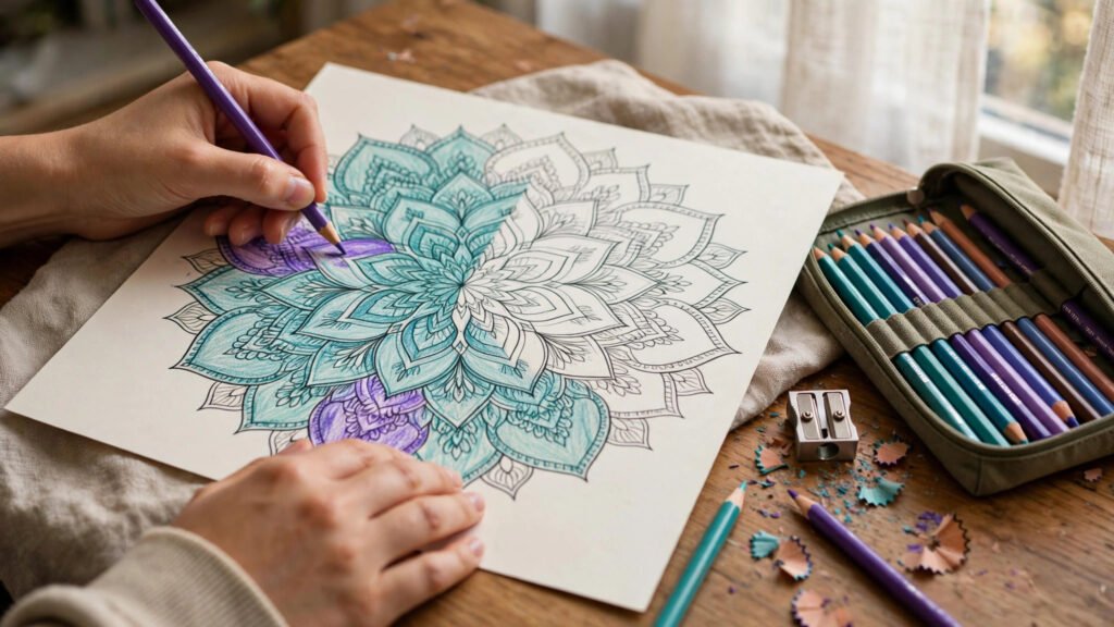 Hands coloring a mandala with colored pencils close up