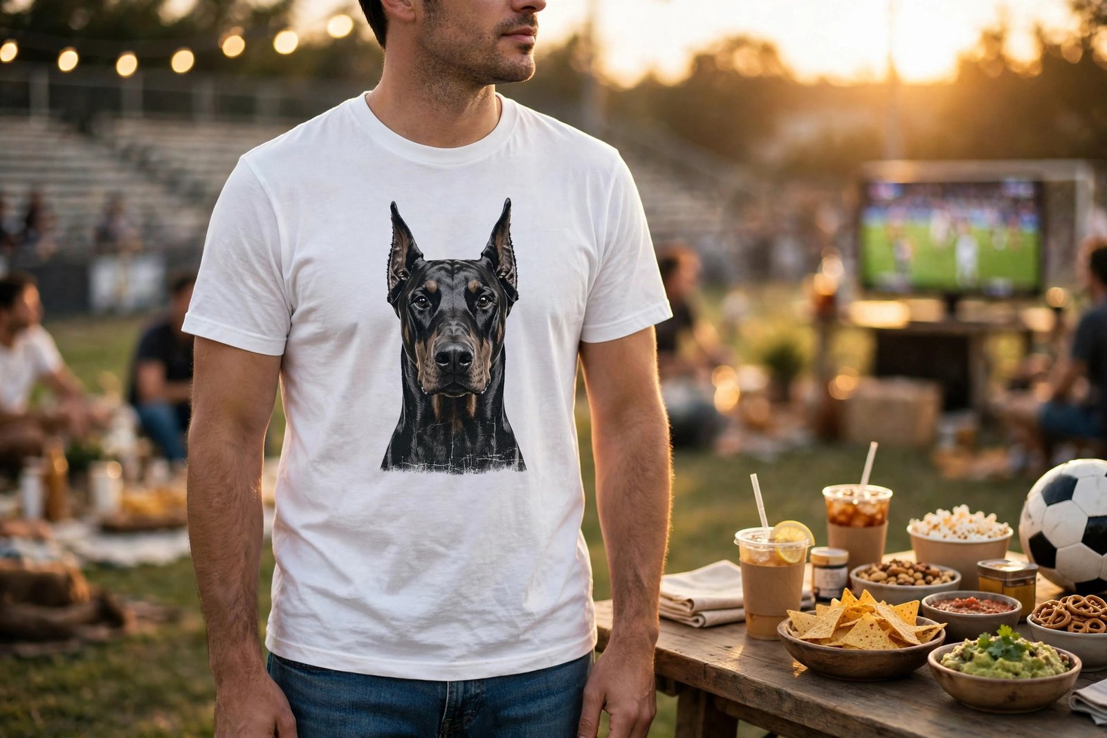 doberman-graphic-tee-mockup Man wearing a white Doberman graphic t-shirt at a soccer watch party - realistic t-shirt mockup