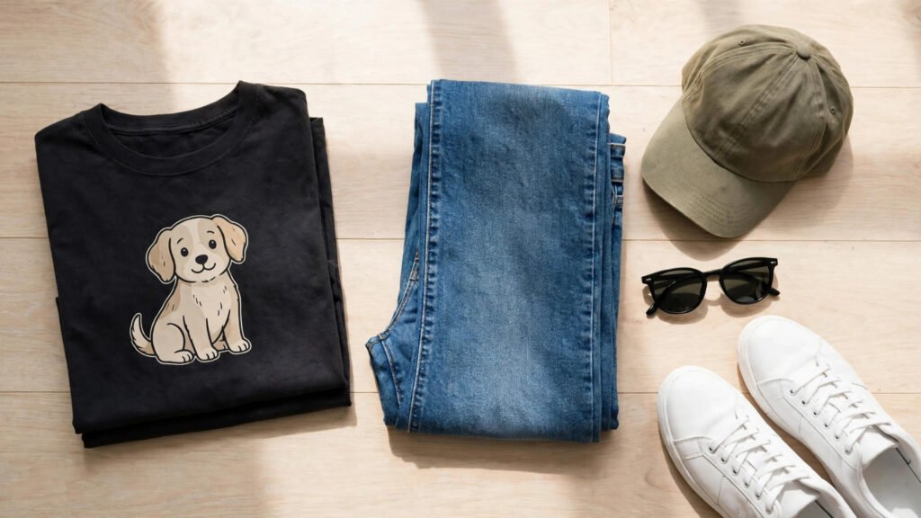Graphic t-shirt outfit flat lay with jeans, sneakers and cap