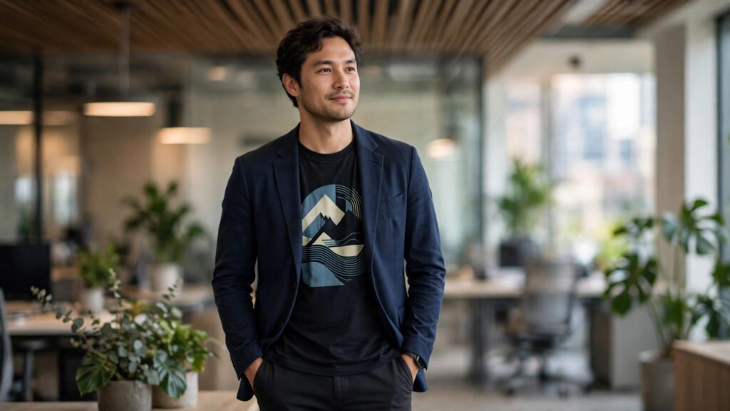 Graphic t-shirt styled under a navy blazer for casual Friday
