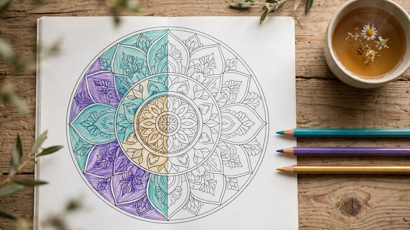 Mandala coloring page being colored with colored pencils - how to color mandalas step by step