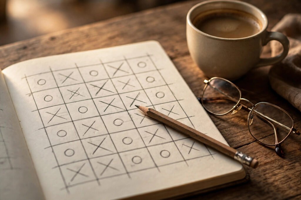 Logic grid puzzle in a notebook with X and O marks, pencil and coffee