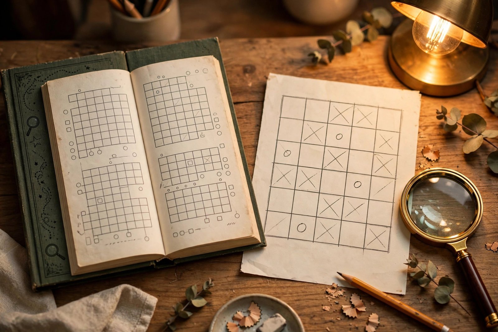 logic-grid-puzzles-explained-beginners-guide Murder mystery logic grid puzzle book with pencil and magnifying glass - logic grid puzzles explained