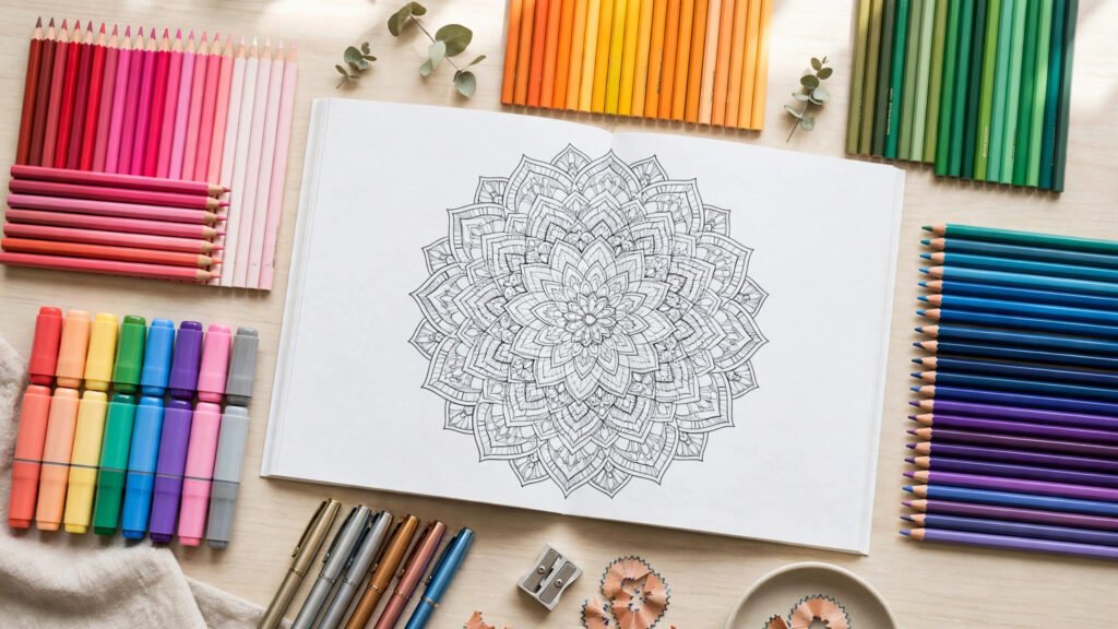Colored pencils, markers and gel pens arranged around a mandala coloring book