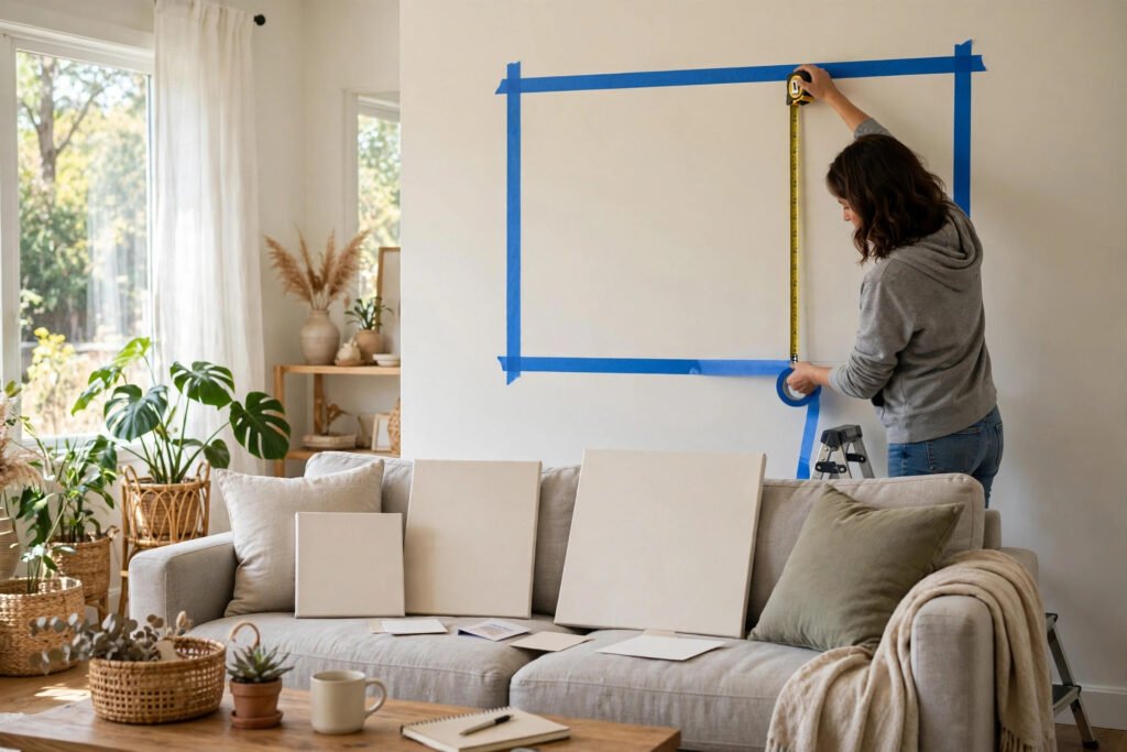 Measuring a wall with painter's tape to choose a canvas print size
