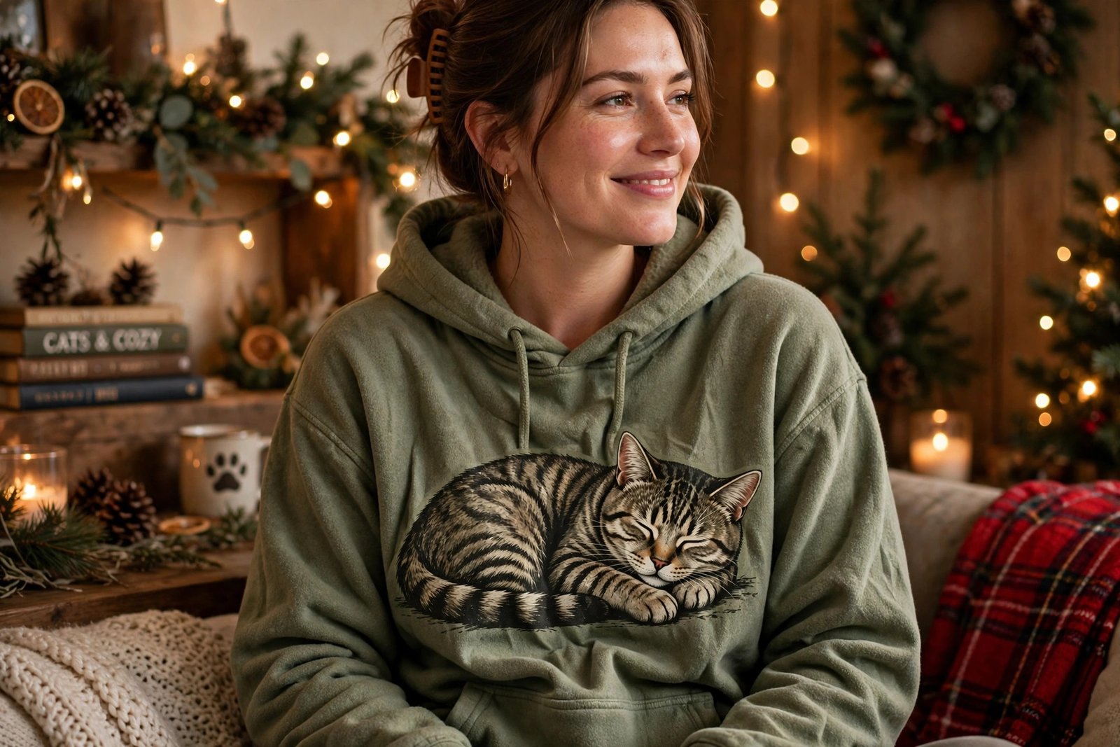 Cat lover wearing a cozy Christmas hoodie with a cat graphic