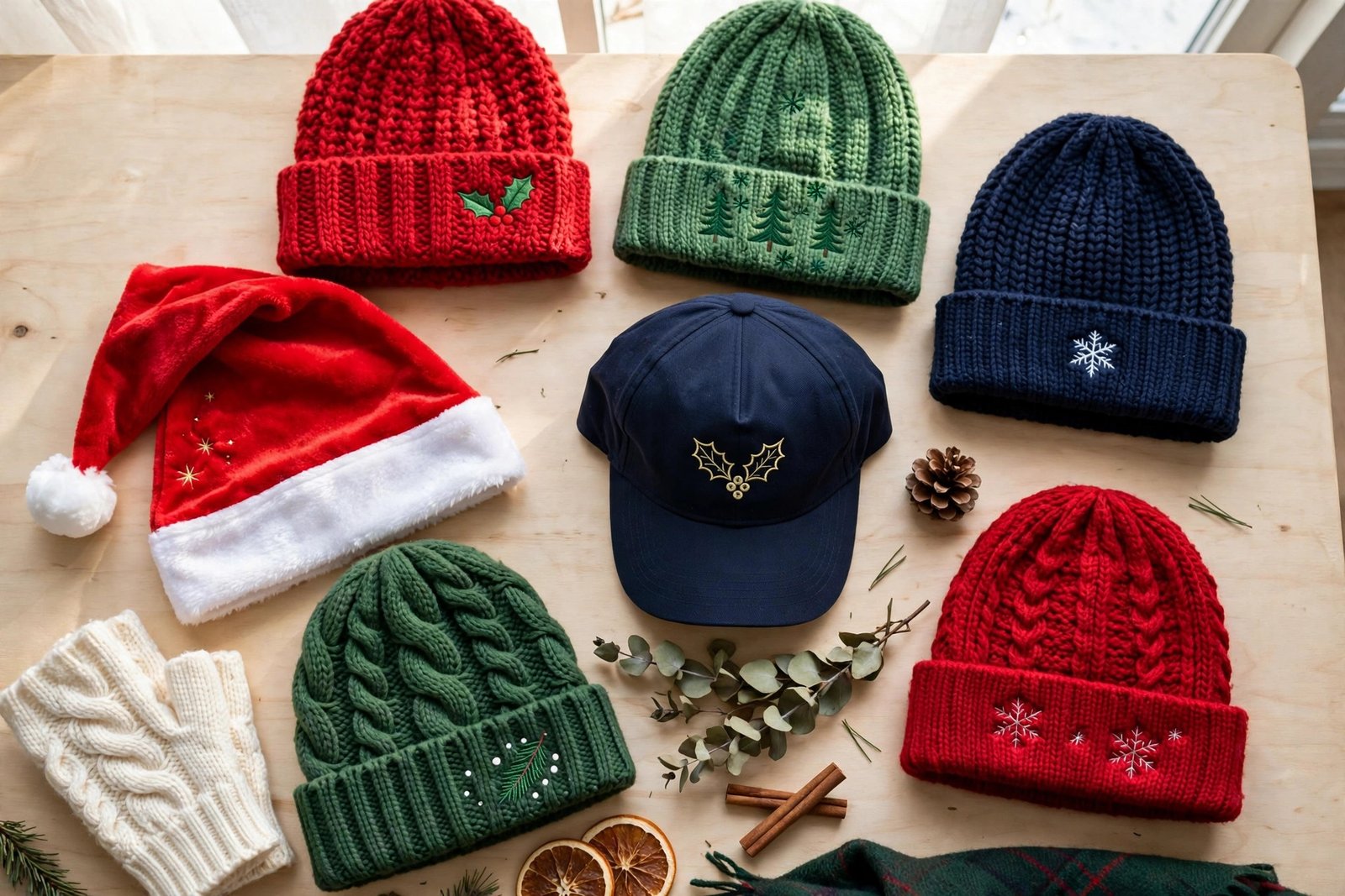 Flat lay of Christmas caps and beanies in red, green, and navy with small festive embroidery