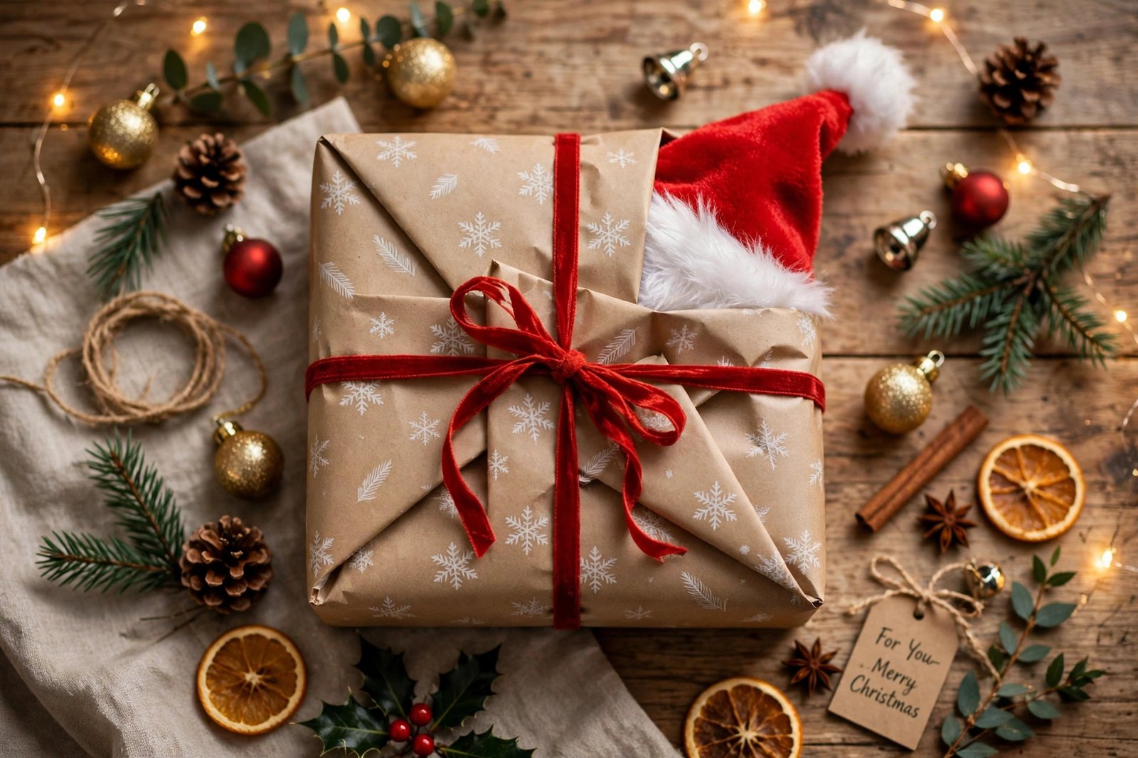 Christmas cap gift flat lay with wrapping paper, ribbon, and ornaments