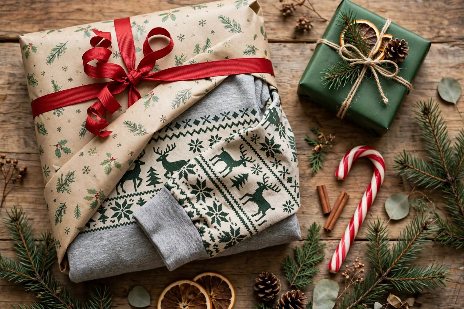 Folded Christmas long-sleeve shirt with reindeer pattern wrapped as a gift with ribbon and candy cane