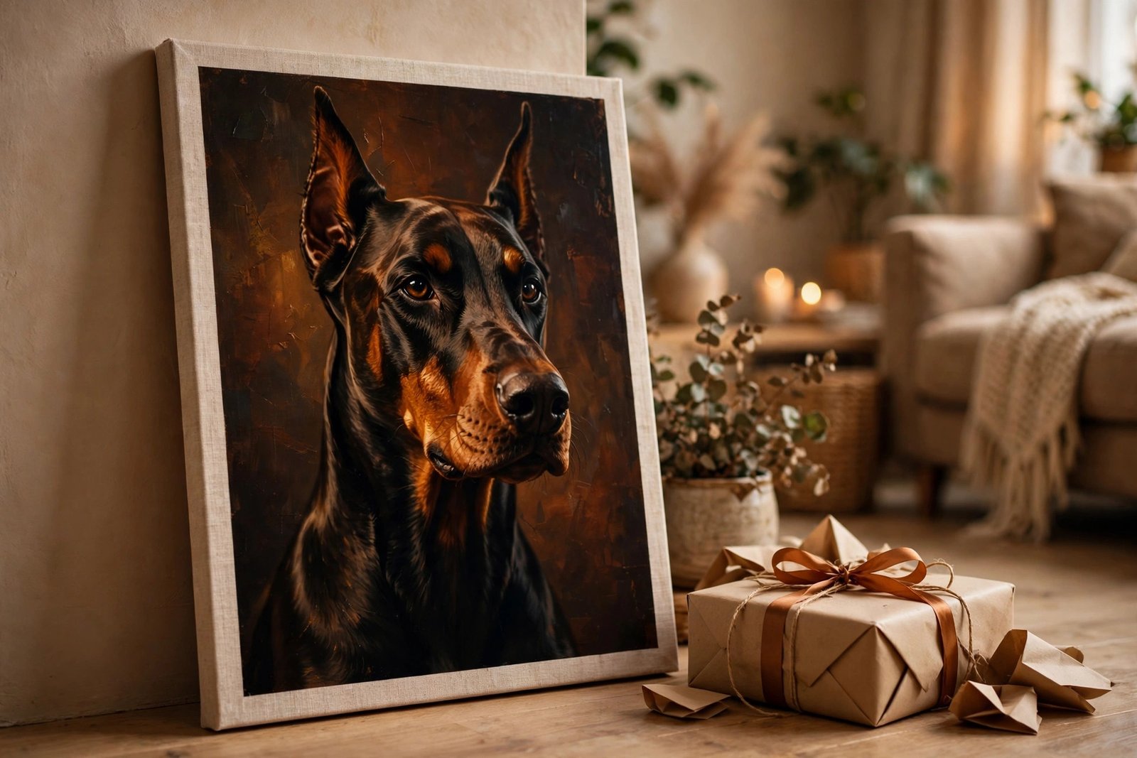 Doberman portrait canvas art being gifted to a Doberman lover