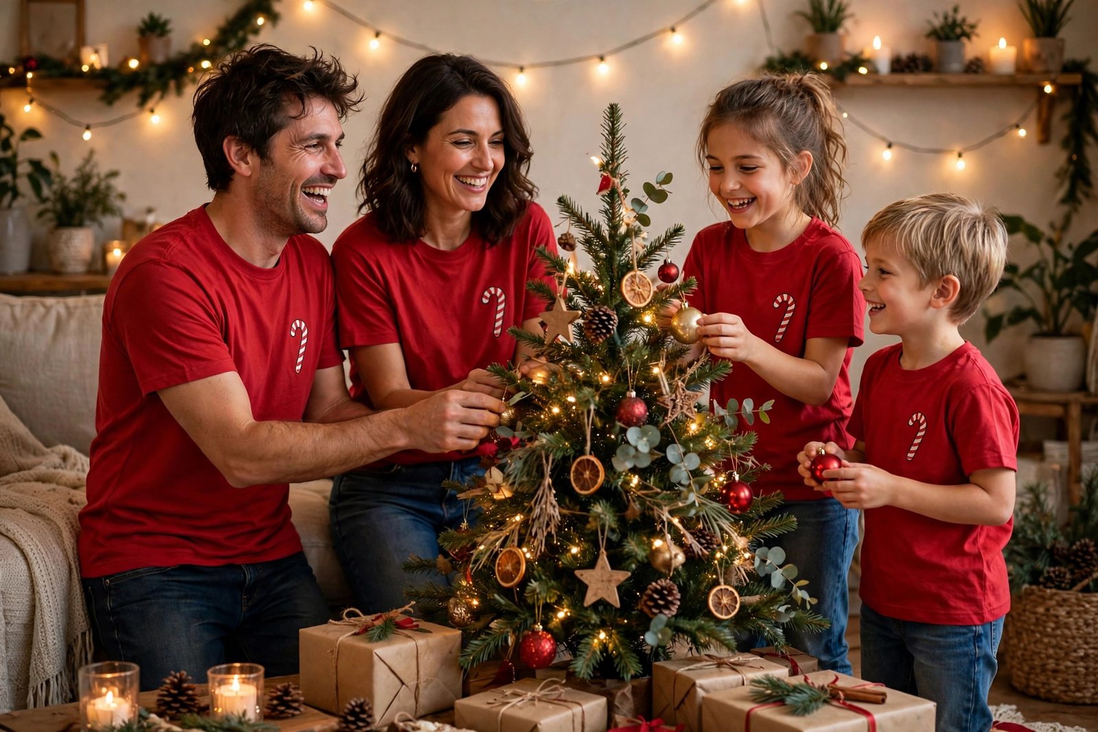 Family wearing matching red teen Christmas t-shirts while decorating a Christmas tree
