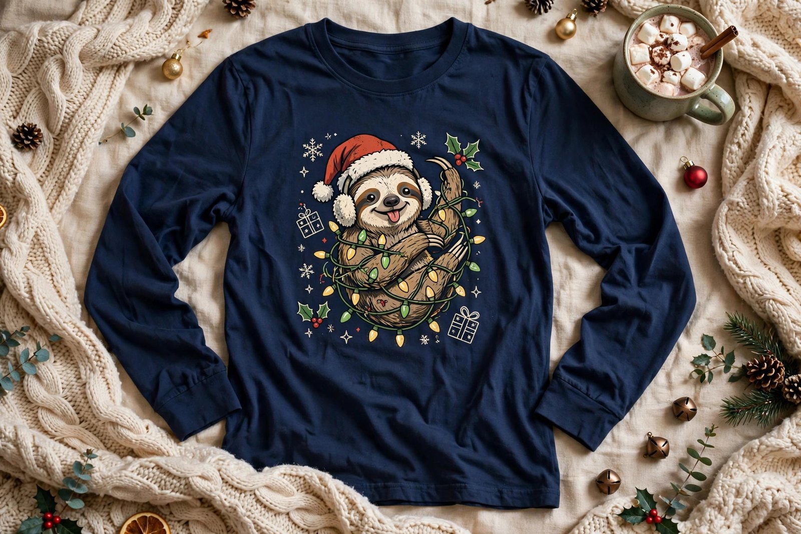 Funny navy Christmas long-sleeve shirt with a sloth in a Santa hat tangled in lights