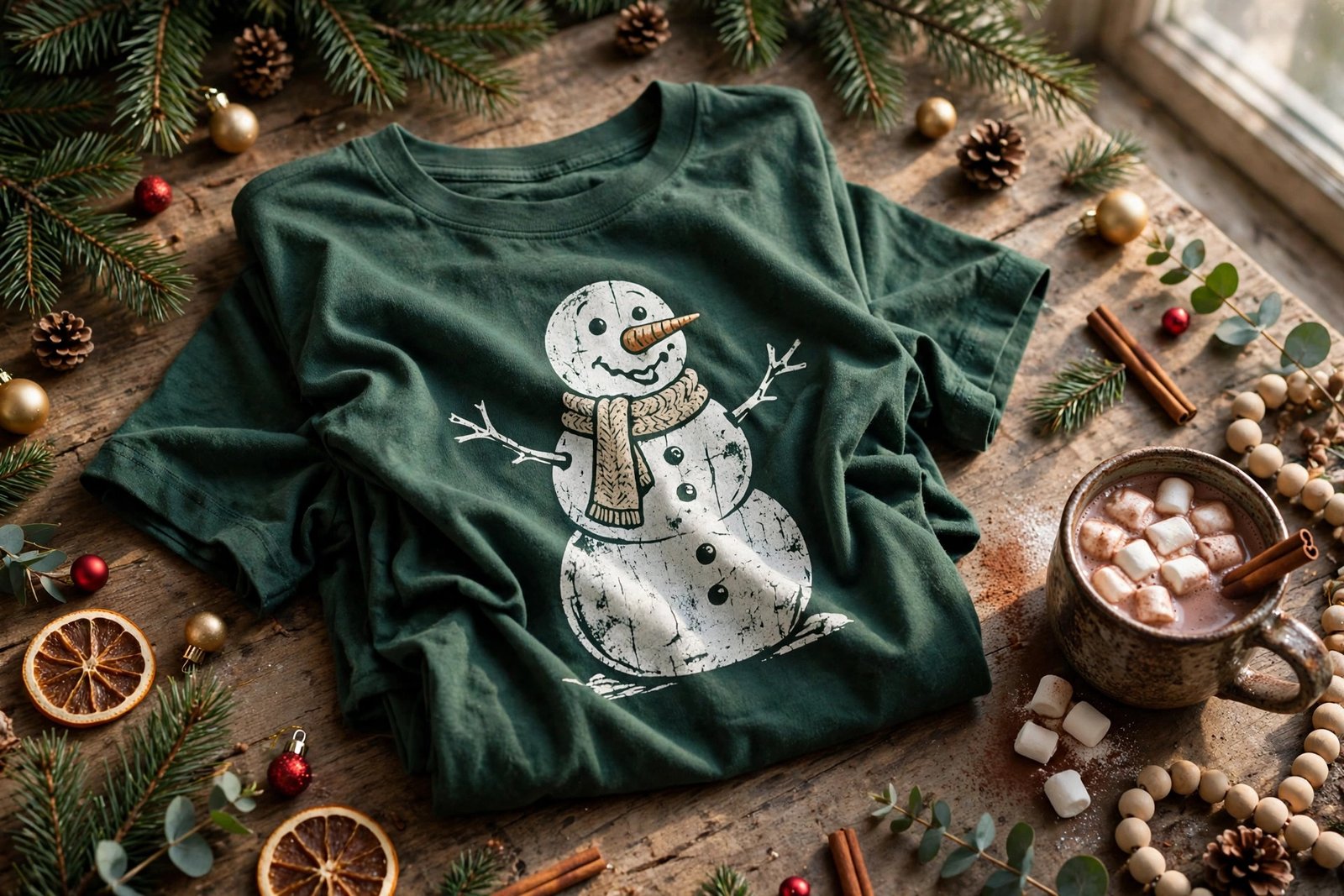 Funny Christmas tee flat lay with a snowman graphic on a green teen Christmas t-shirt