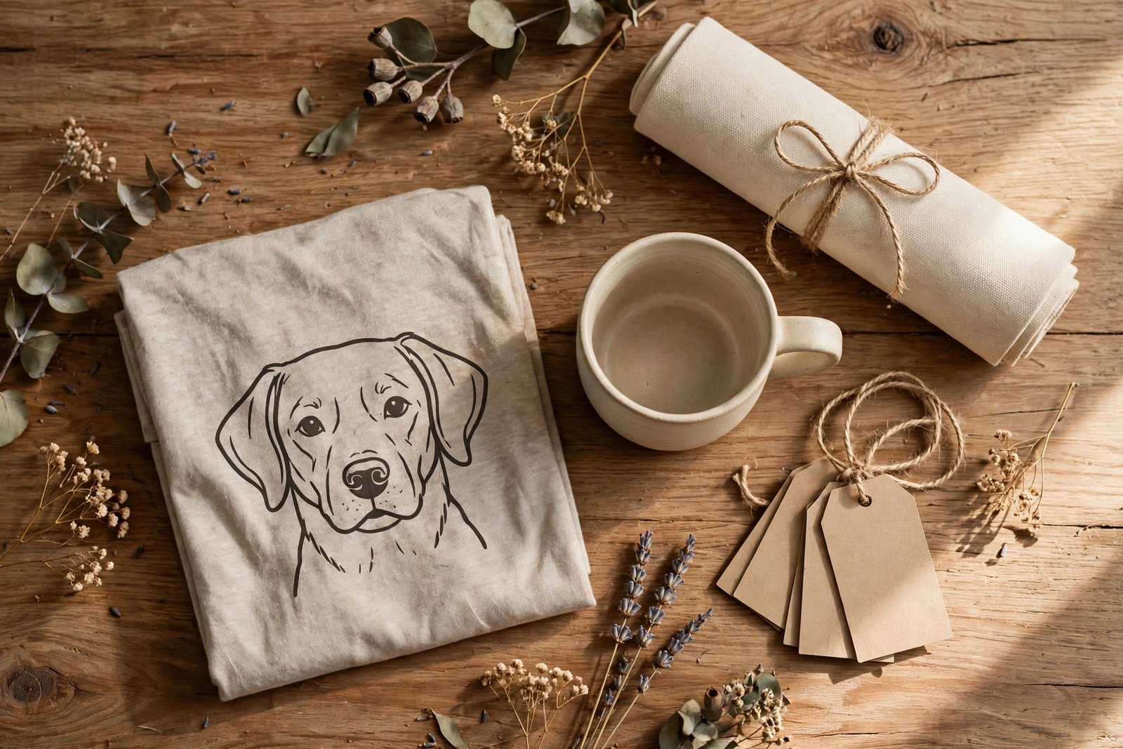 Doberman lover gift bundle with graphic tee, mug, and canvas print flat lay