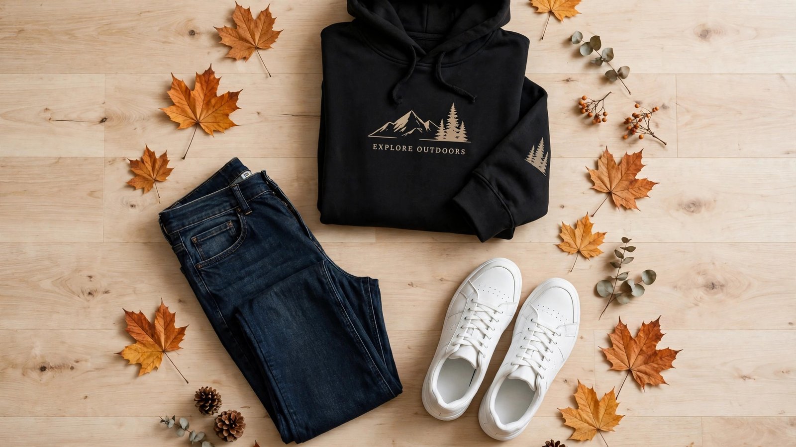 Flat lay of a black graphic hoodie with dark jeans and white sneakers