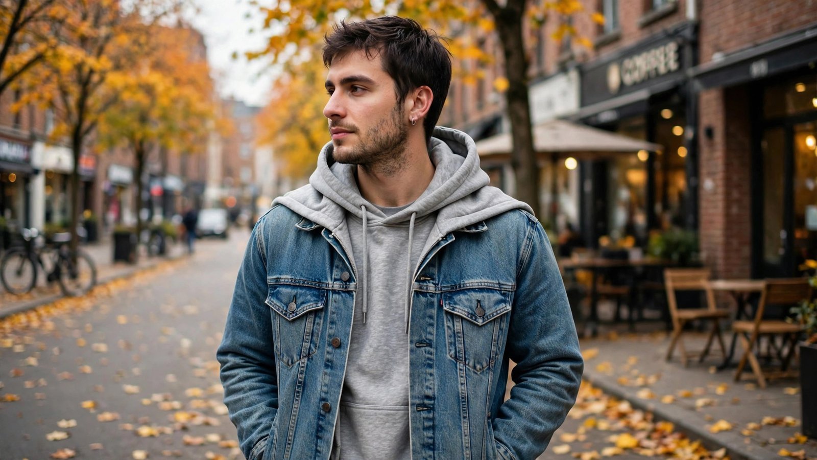Person wearing a hoodie layered under a denim jacket with the hood showing
