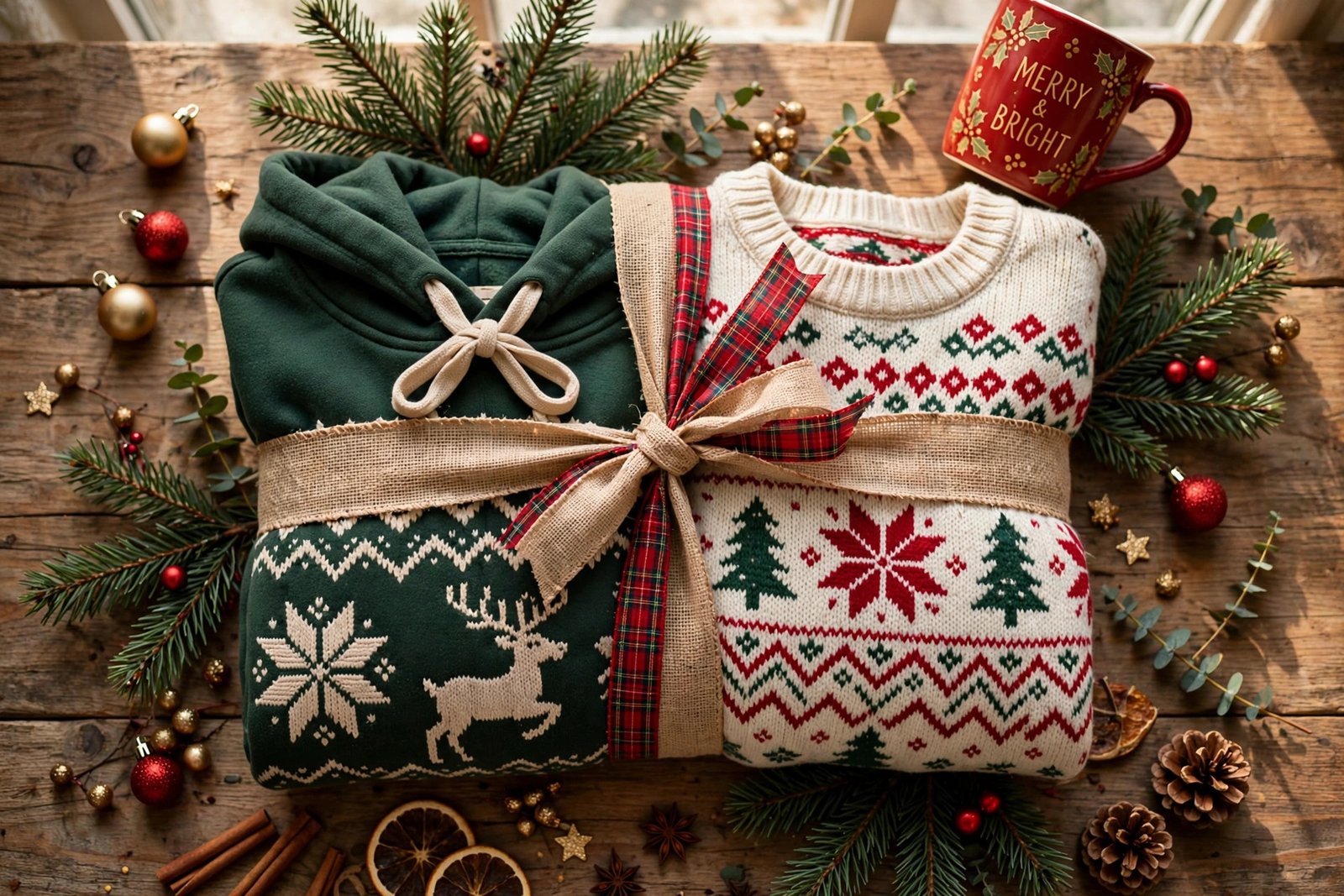 Christmas hoodie and sweater gift flat lay with a mug and ornaments