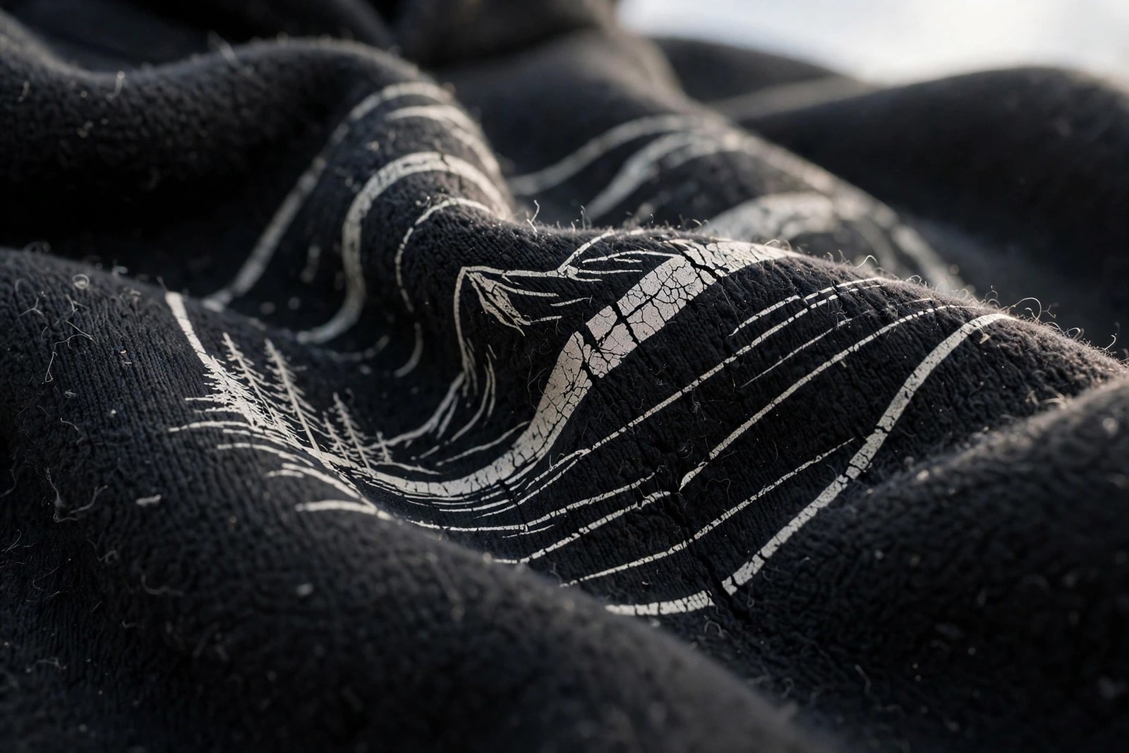 Close-up of a graphic print on hoodie fabric showing the print flexing with the material