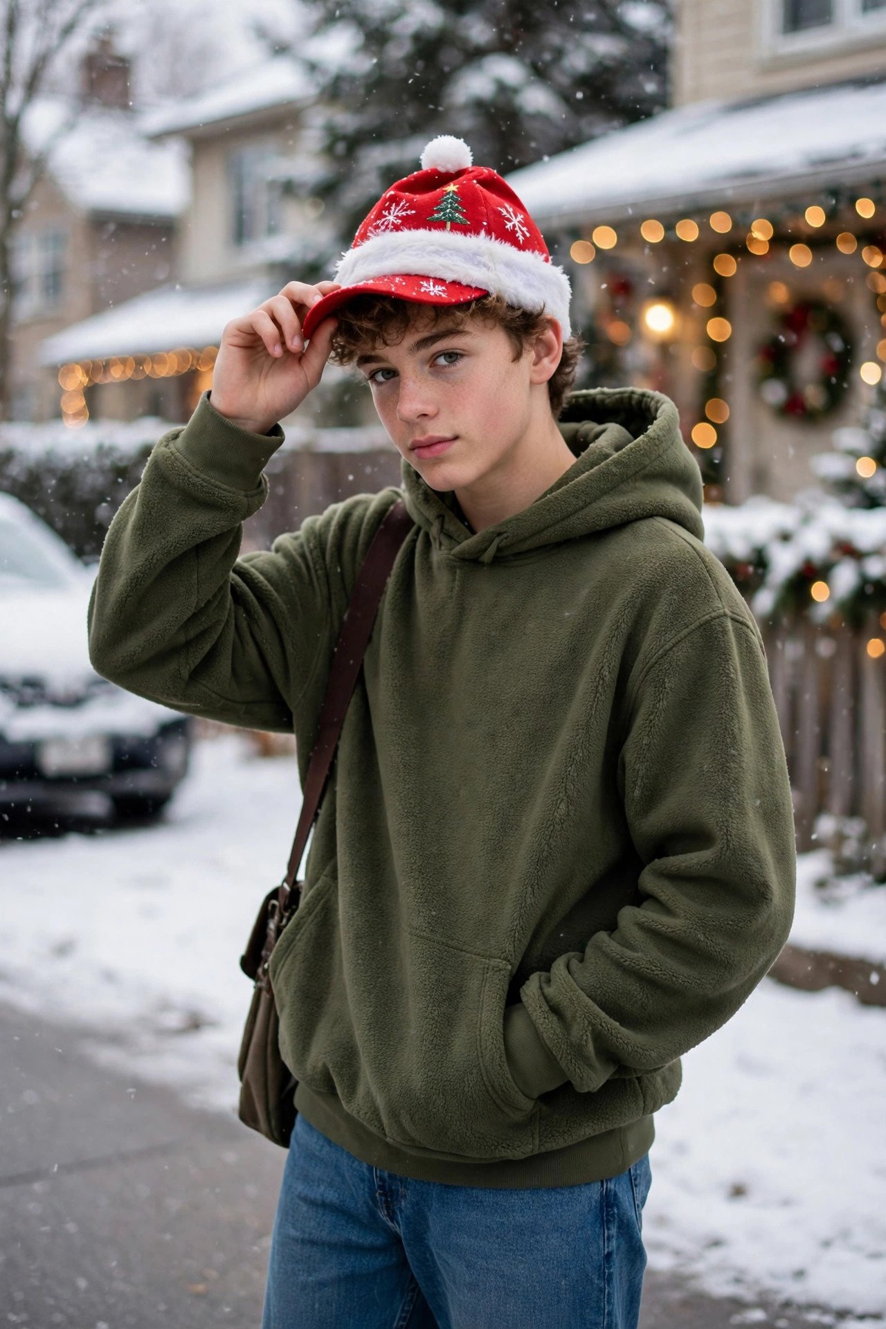 Teen styling a festive red Christmas cap with a green hoodie outfit in the snow