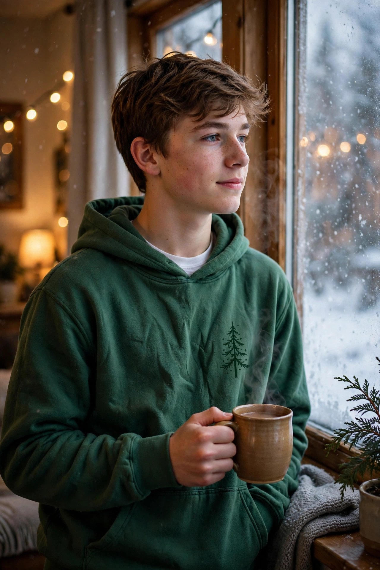 Teen wearing a cozy green Christmas hoodie layered over a white teen Christmas t-shirt