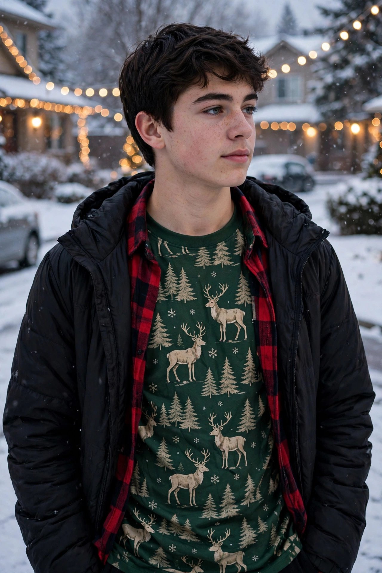 Teen wearing a green Christmas long-sleeve shirt with reindeer and trees layered under flannel and a jacket in snow