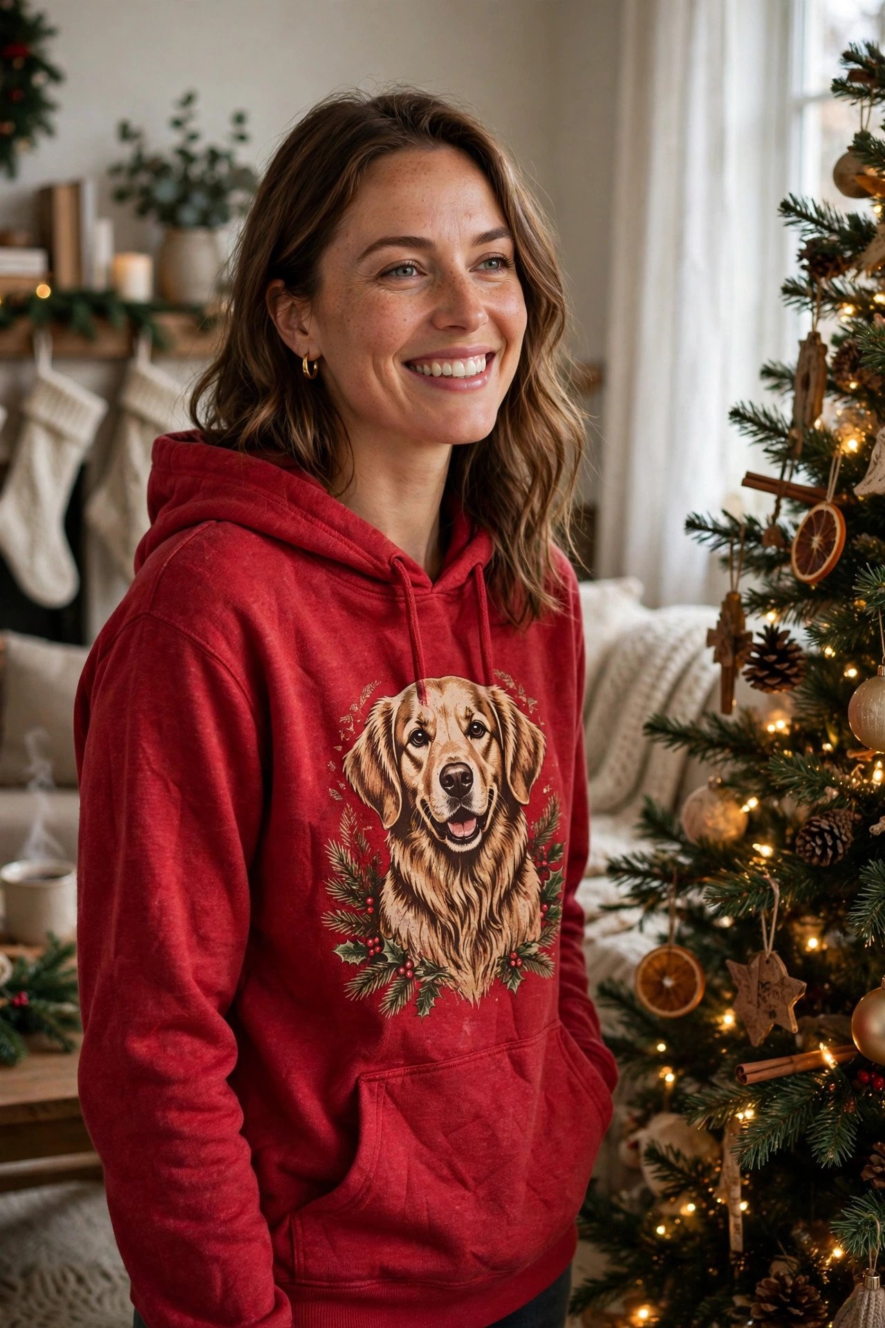 post1-featured-christmas-pet-hoodie Woman wearing a cozy red Christmas hoodie with a dog graphic beside a Christmas tree