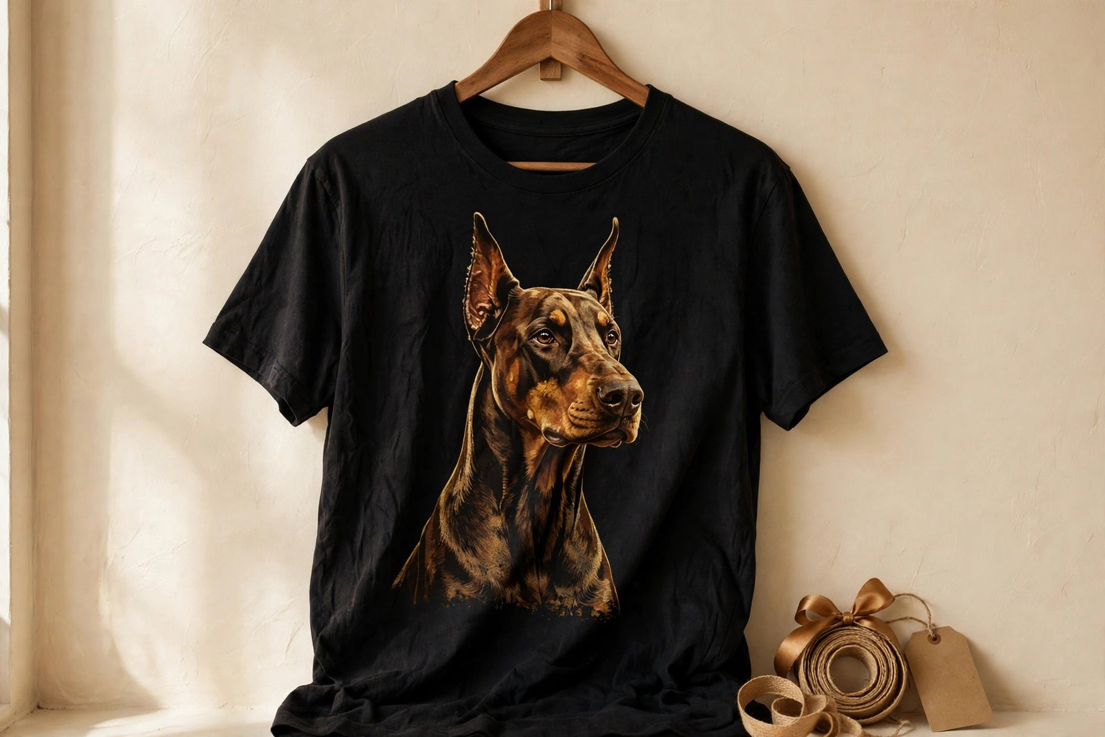 post1-featured-doberman-tee-gift Black graphic t-shirt with a Doberman Pinscher portrait print, presented as a gift for Doberman lovers