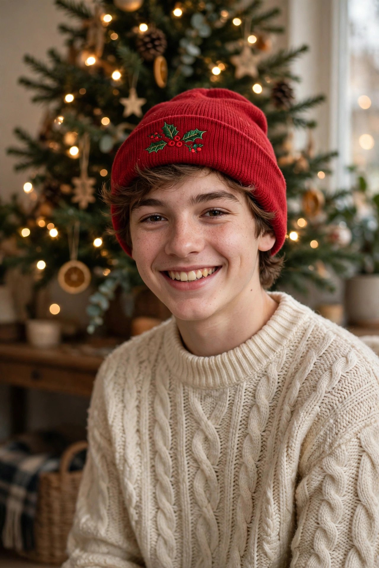 Teen wearing a red Christmas beanie cap with a small holly embroidery in front of a Christmas tree