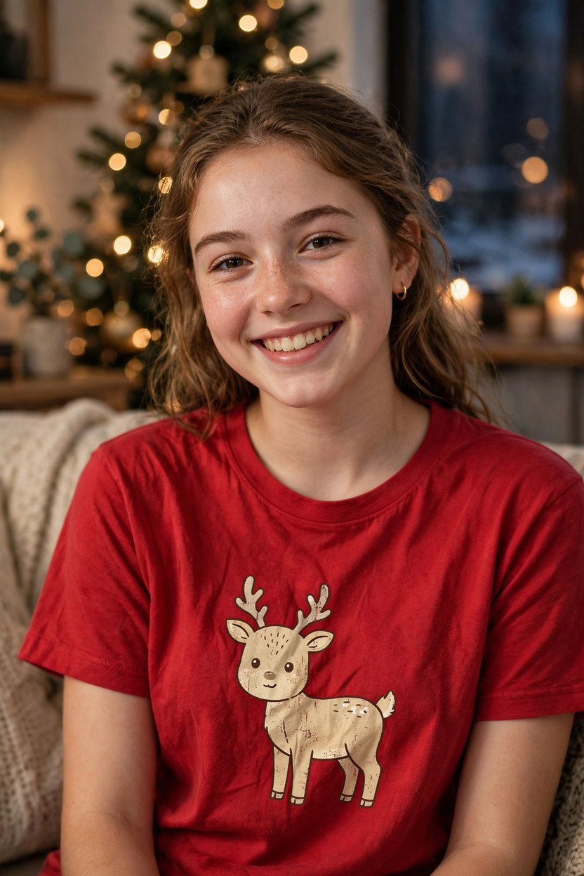 Teen girl wearing a red teen Christmas t-shirt with a cute reindeer graphic