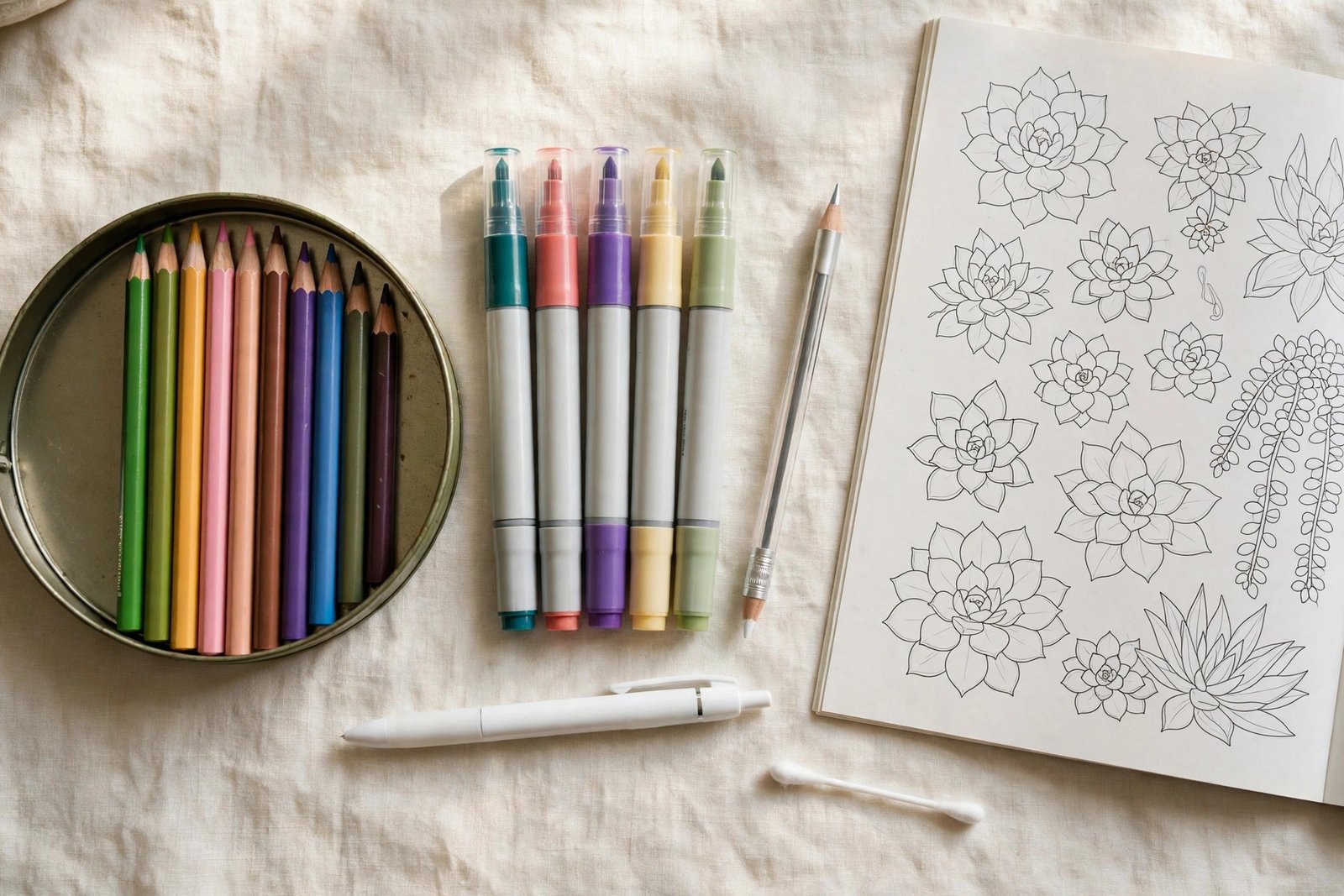 Colored pencils, blender pencil, and gel pen supplies for blending flower coloring pages